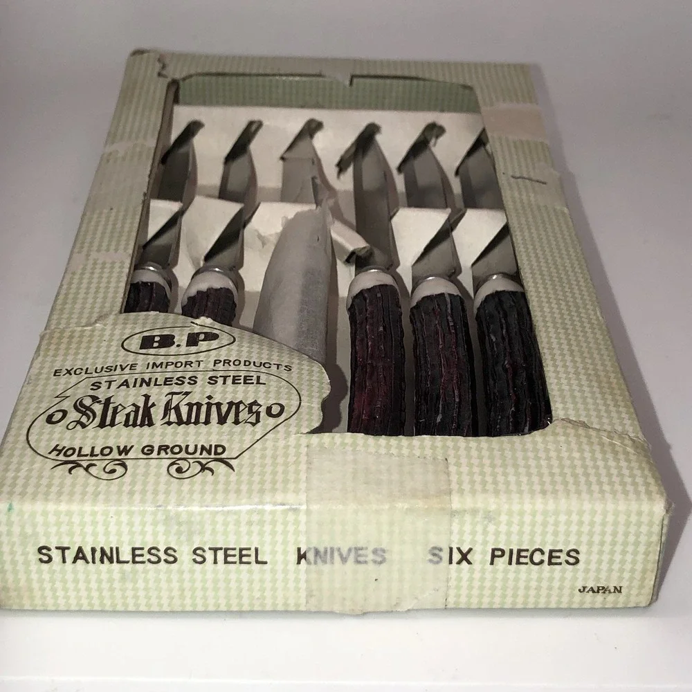 6 Piece Stainless Steel Steak Knives Hollow Ground Vintage Original Box Japan